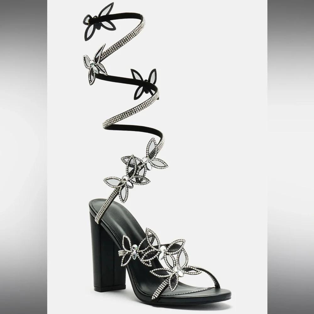 FASHIONNOVA Black/Silver Never Bend In Butterfly Wrap Around Heeled Sandals - Picture 3 of 7
